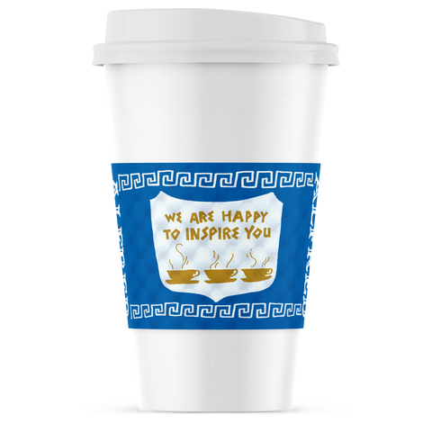 A white paper coffee cup with a blue and gold decorative sleeve that reads 'WE ARE HAPPY TO INSPIRE YOU' with three coffee cups, shown on a white background.