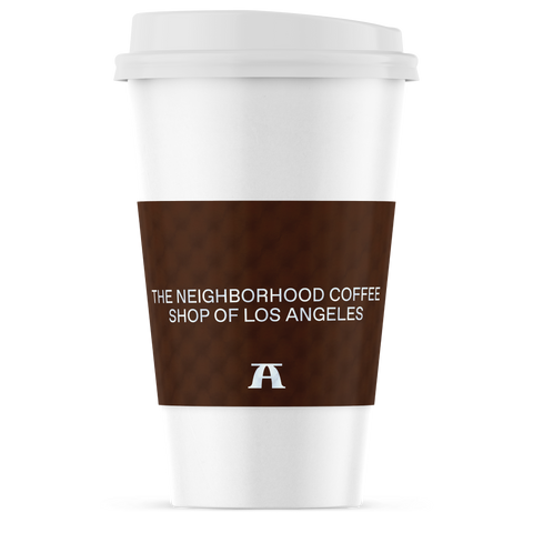 A white paper coffee cup with a brown wraparound sleeve printed with the text 'THE NEIGHBORHOOD COFFEE SHOP OF LOS ANGELES' and a white stylized 'A' logo, shown on a light gray background.
