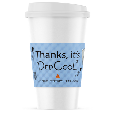 White disposable cup with a blue label featuring the text 'Thanks, it's Ded Cool' on a white background.